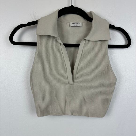 Aritzia Babaton Womens Structured Knit Sleeveless V-Neck Beige Crop Top Small - Picture 1 of 5